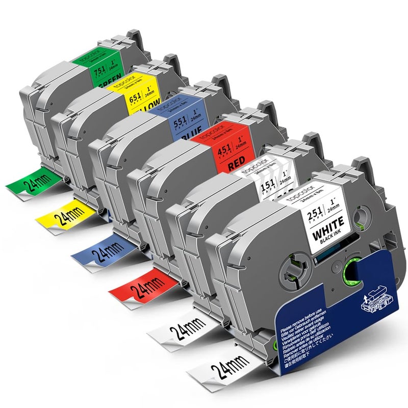 تور كولور شريط ملصقات مصفح من Topcolor 6 عبوات Tz 24 مم 0.94 بوصة متوافق مع Brother Tze-151 Tze-251 Tze-451 Tze-551 Tze-651 Tze-751 PTouch Tze شريط 1 بوصة لـ PTD610BT PTD600 PTP710BT PTP750W PTP910BT PTP700 - Image 1